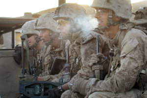 KAJAKI, AFGHANISTAN - OCTOBER 17: U.S. Marines (L to R) Cpl. Kevin Ivie of Paris, KY, Cpl. Sam Garcia of Taos, NM, Cpl. Jorge Villarreal of San Antonio, TX and Cpl. Jonathan Eckert of Oak Lawn, IL with India Battery, 3rd Battalion, 12th Marine Regiment head out for a patrol from Forward Operating Base (FOB) Zeebrugge on October 17, 2010 in Kajaki, Afghanistan. The Marines of India Battery, 3rd Battalion, 12th Marine Regiment are responsible for securing the area near the Kajaki Dam on the Helmand River. (Photo by Scott Olson/Getty Images) *** Local Caption *** Jonathan Eckert;Jorge Villarreal;Sam Garcia;Kevin Ivie Marine Corps Beanies Devil Dog Shirts