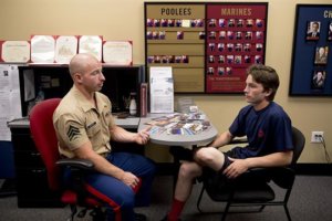 A Recruiter talks to a young poolee USMC Sweatshirts Marine Corps Hats