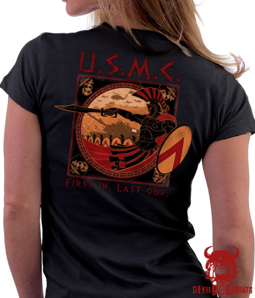 USMC Spartan First In Last Out Battle Tank Ladies Shirt
